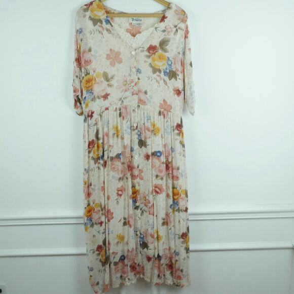 Vintage Medium Dress 90s Sheer Floral Pastel Cottagecore Boho Midi Eyelet Dainty - Picture 1 of 10